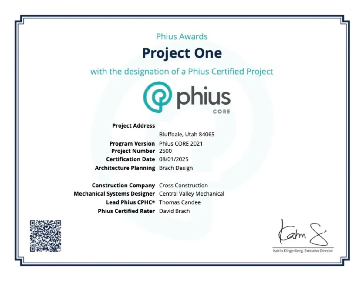 PHIUS CORE certificate for Project One, certified August 2025